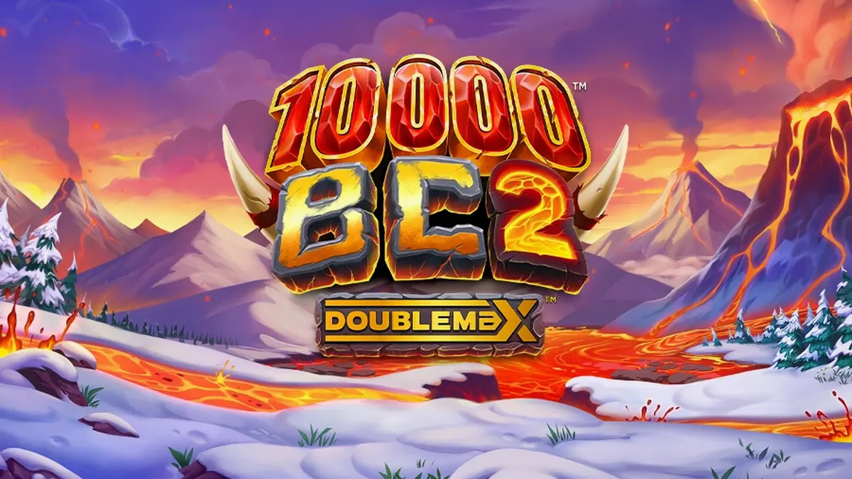 10000 BC DoubleMax 2 স্লট গেমের একটি দৃশ্য যেখানে ম্যামথ এবং আগ্নেয়গিরির থিম দেখা যাচ্ছে।
